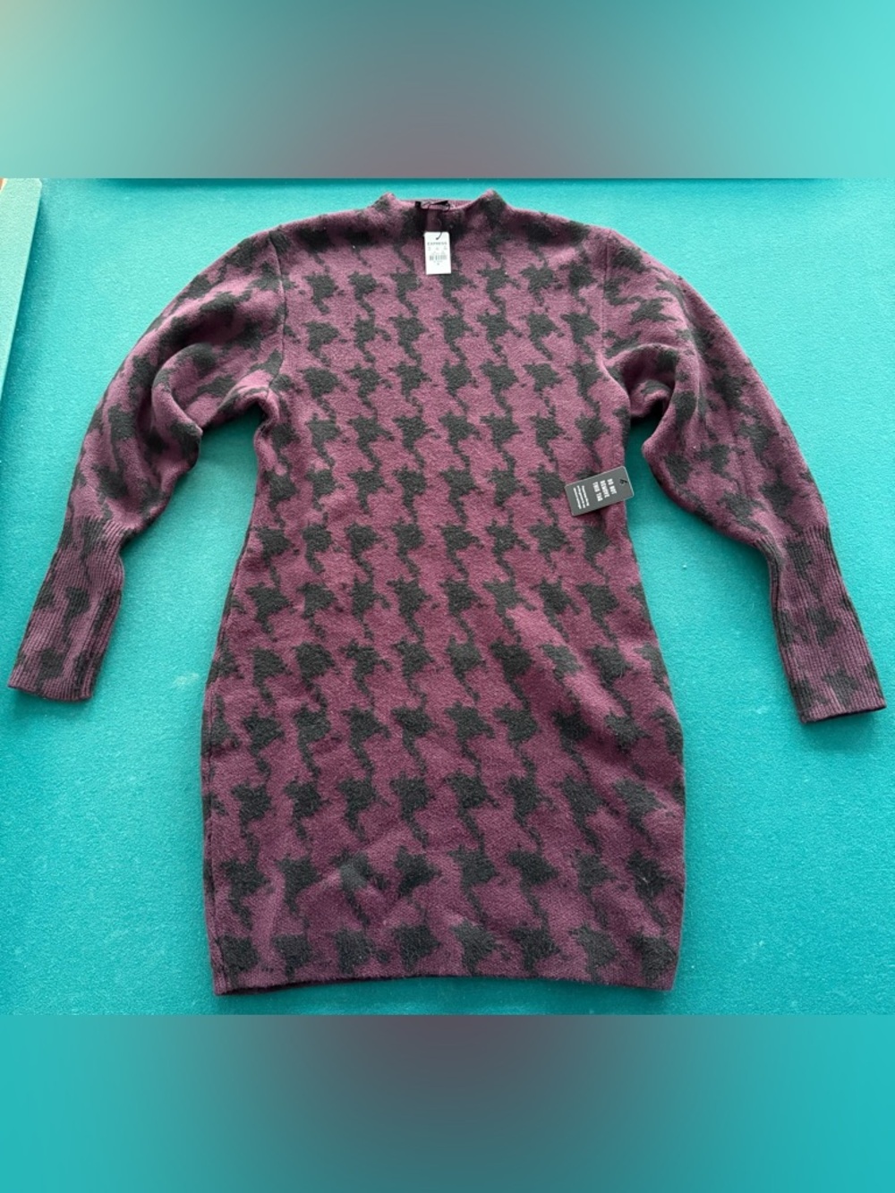 Express Long Sleeve Houndstooth Sweater Dress in Plum and Charcoal